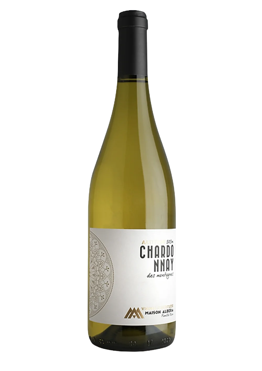 Botella de Chardonnay des Montagnes, vino blanco IGP Côtes Catalanes de la bodega Maison Albera