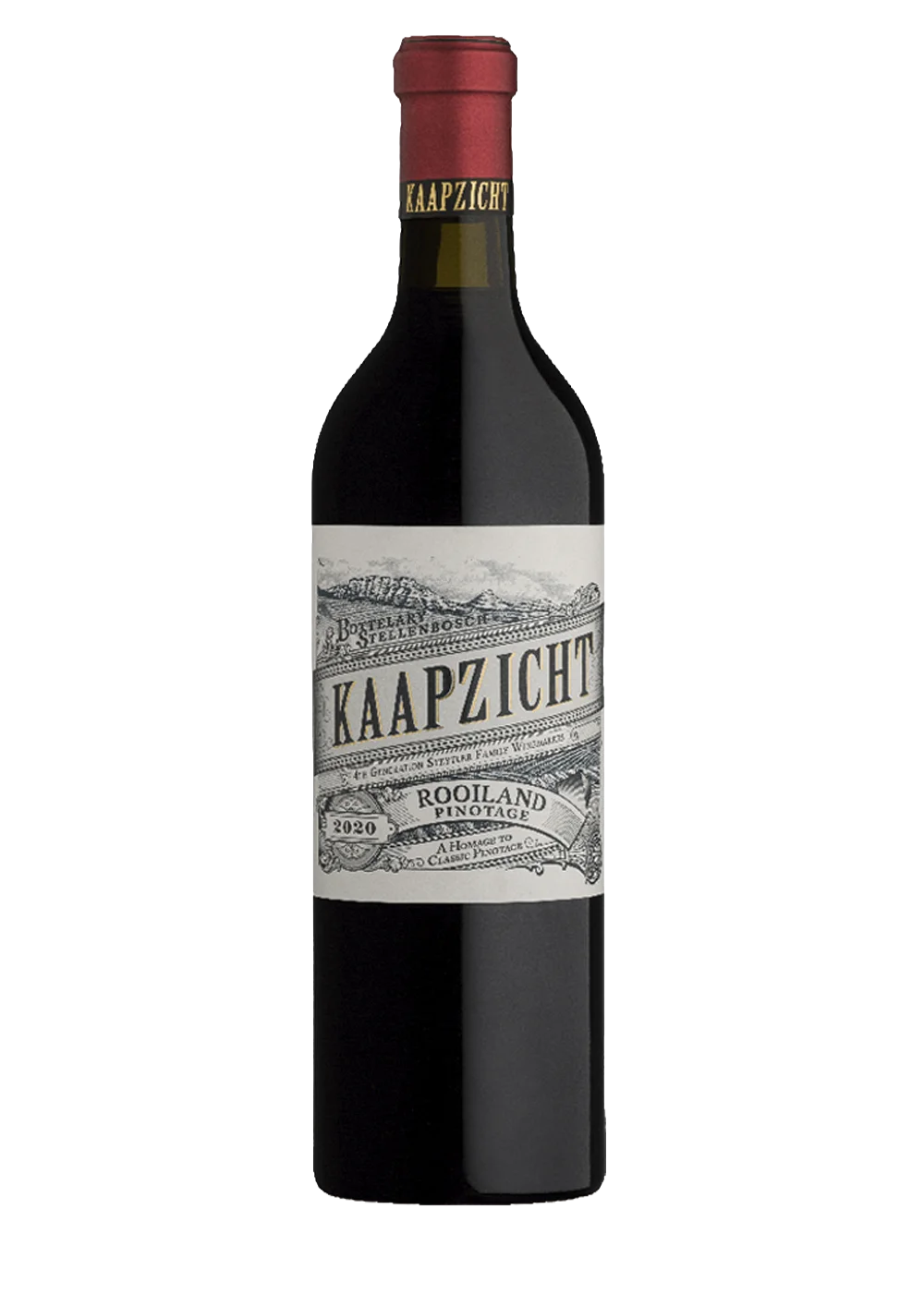 Ampolla de Kaapzicht Rooiland Pinotage, vi negre WO Stellenbosch