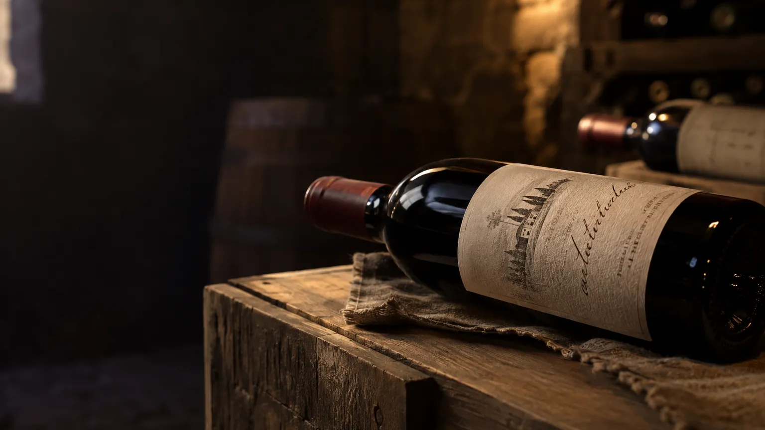 Ampolla de vi negre estirada sobre una caixa de fusta en un celler, amb l'etiqueta de paper en primer plà