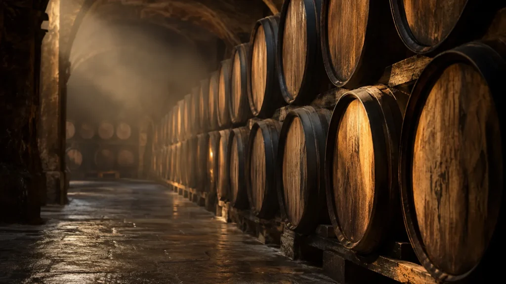 Fileres de bòtes de roure apilades en una cava de criança de pedra amb llum daurada